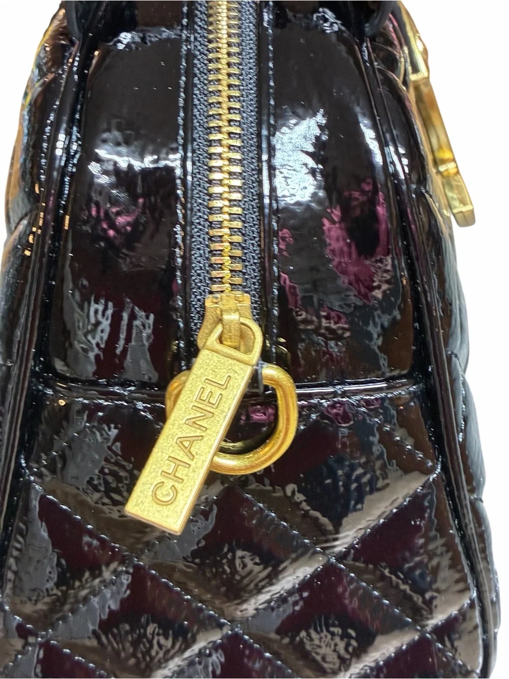 Double C Black Patent Leather Bowler Bag Giant Gold - Tone Metal Logo With Strap